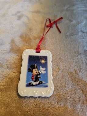 Disney Mickey Mouse White Ceramic Ornament with Red Ribbon and Blue Night Scene‎